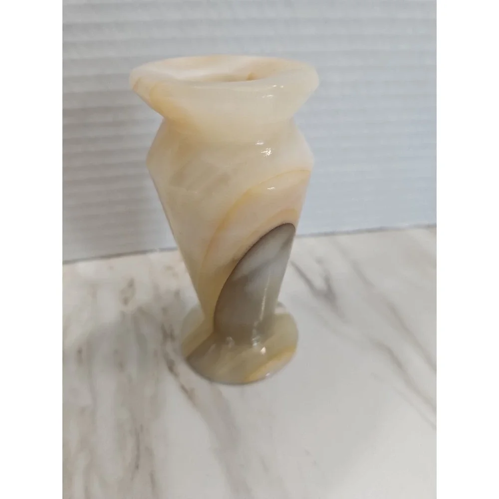 Vintage Cream/White Agate Small Stone Vase Earthy-tan Veining Marbled Heavy